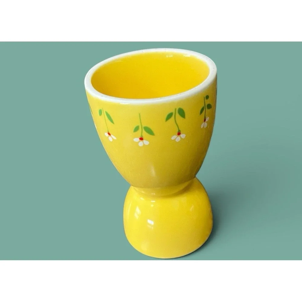 !985 Teleflora Ceramic Bright Yellow Double Coddler‎ Egg Cup Sunny Daisy Vintage